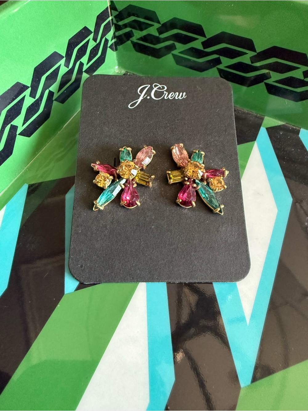 J. Crew Multicolor Crystal Flower Cluster Earrings - Pink, Green & Gold